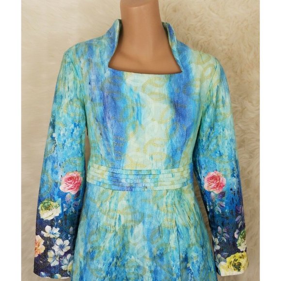 Susongeth Womens Sz Large Dress Long Sleeve Rose Watercolor Fitted Waist Rare L - Picture 2 of 7